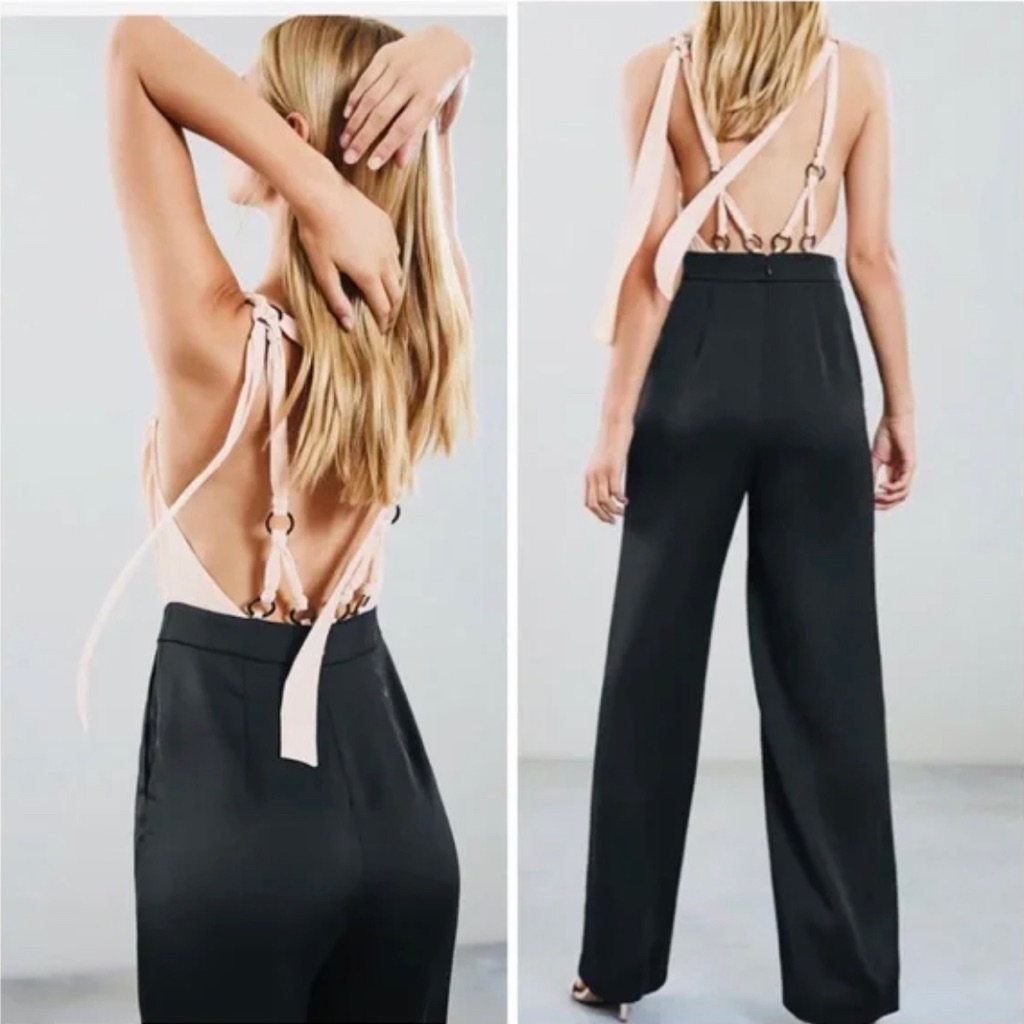 New Reiss Tie-Strap Jumpsuit Pale Pink & Black Pant Elegant Suit Medium $470